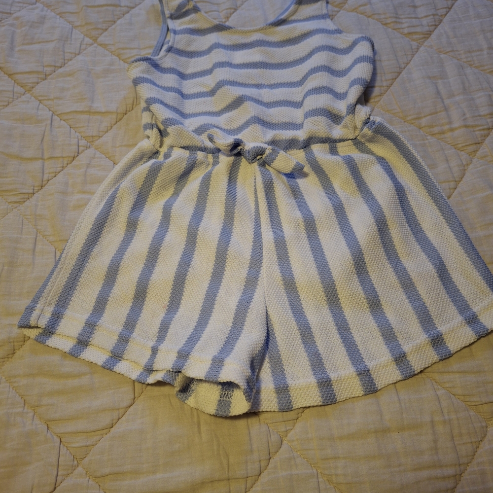 Vince Camuto Blue and White Striped Romper with Ruffled Hem